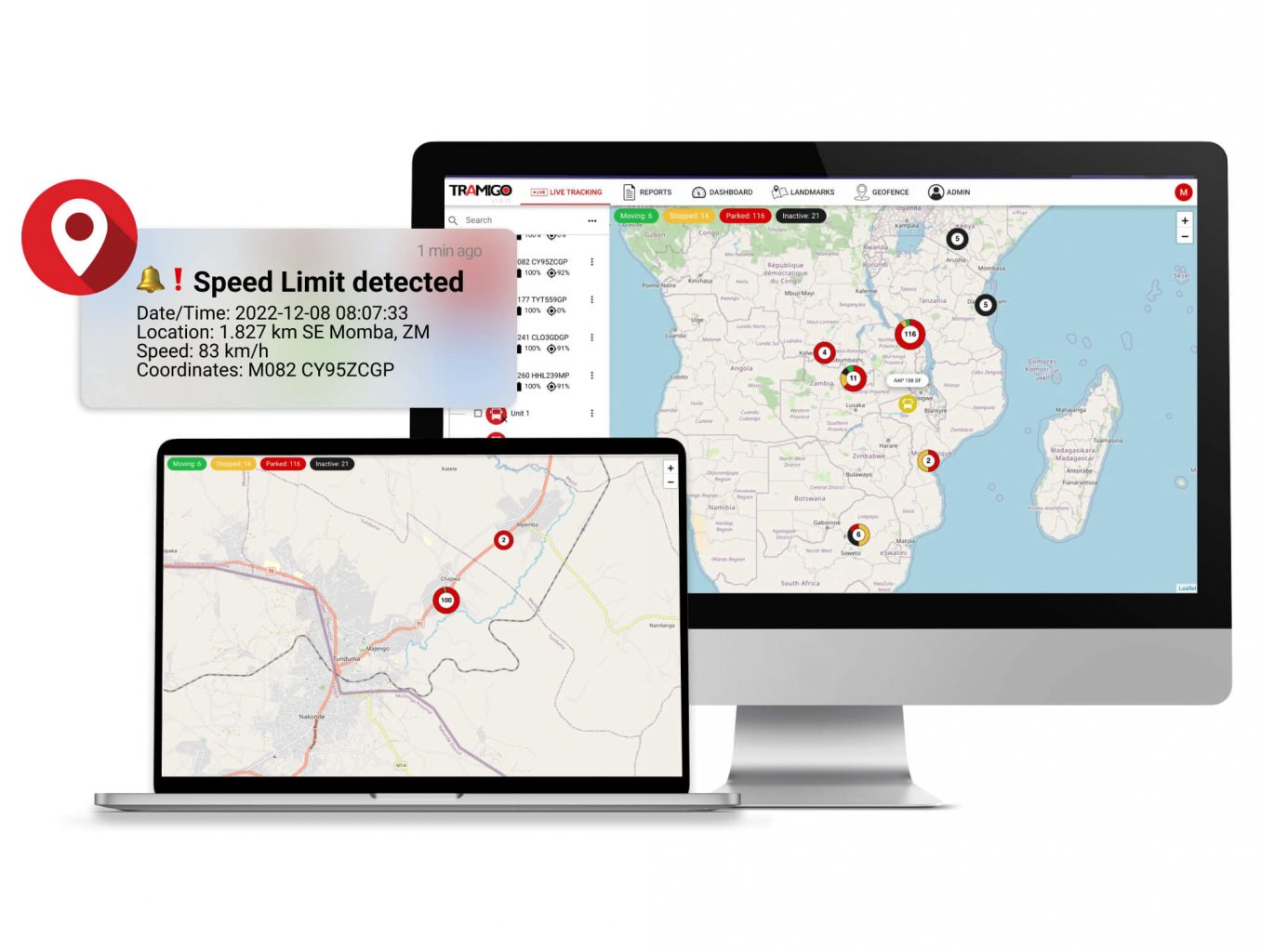 Tramigo cloud showing alert notification and route map